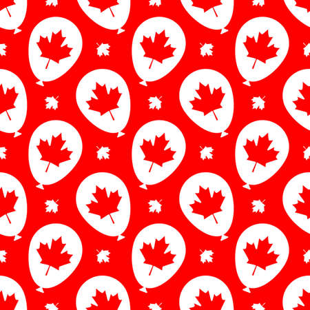 White balloons with red maple leaves on a red background. Seamless background for Canada Day. Wallpaper, gift wrap, banner, poster and cover template. Vector, illustrationのイラスト素材