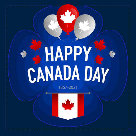 Beautiful banner for Canada Day holiday. Canada flag with balloons and maple leaf print on blue background. Vector, illustrationのイラスト素材
