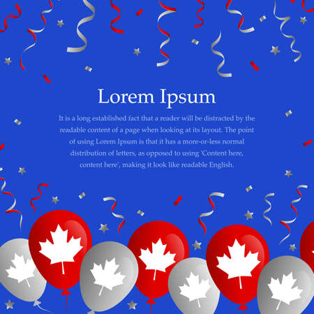 Poster template with place for test for holiday, festival or Canada Day. balloons with a print of a maple leaf on a blue background. Vector, illustrationのイラスト素材