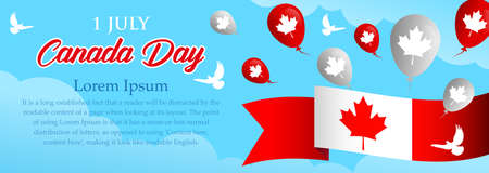 Panoramic banner Canada Day with copy space for text with flag, balloons with white birds on a blue sky background. Vector, illustrationのイラスト素材