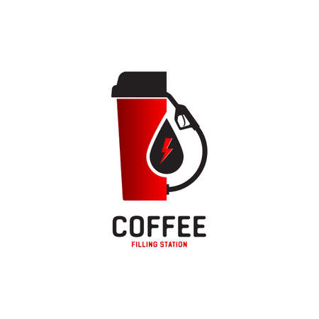 Red cup of coffee and a gas station hose. Logo or label template on white background. Refueling concept. Vector, illustrationのイラスト素材