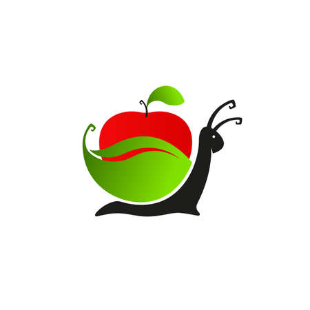 Snail and red apple with leaves on a white background. Logo or label template, ecology concept. Vector, illustrationのイラスト素材