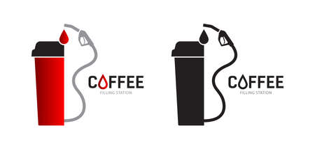 glass of coffee and a gas station hose. Logo or symbol template on white background. The concept of refueling with drinks, coffee, tea. Vector, illustrationのイラスト素材