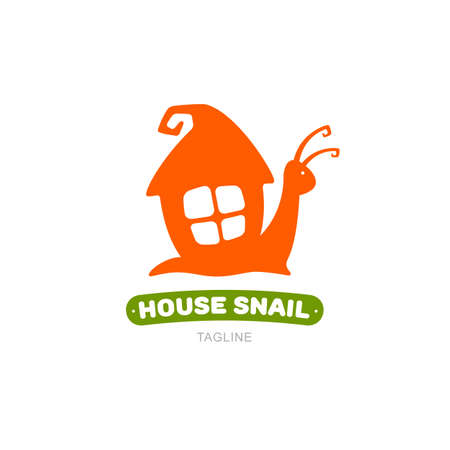 Orange snail and cartoon house on a white background. Logo or label template. Vector, illustrationのイラスト素材
