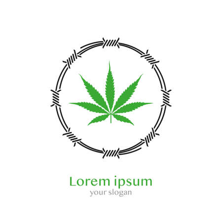 Green cannabis leaf and round barbed wire frame. Logo or emblem on a white background. Vector, illustrationのイラスト素材