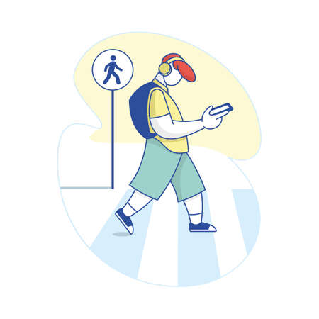 boy with orange hair, wearing headphones and a phone in his hand, walks along the footpath. School or road safety concept among children. Flat style. Vector, illustrationのイラスト素材