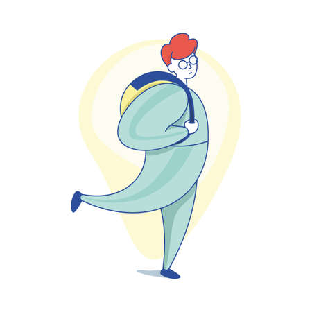 schoolboy with orange hair in glasses and with a backpack goes to school. Education concept. Flat style. Vector, illustrationのイラスト素材