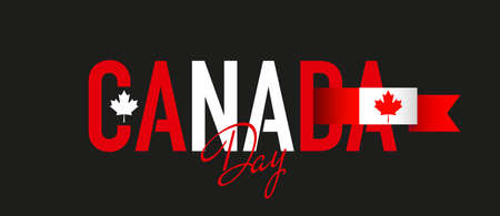 Panoramic banner with the text Canada and the flag with a maple leaf on a black background. Vector, illustrationのイラスト素材