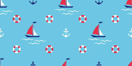 Seamless background. Sailboat with anchor and lifebuoy against blue background. Cute marine pattern for fabric, clothing, textile, wrapping paper. Vector, illustrationのイラスト素材