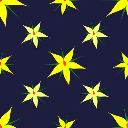 yellow flowers of tomatoes on a dark background. Seamless background. design for printing on textiles, packaging. Vector, illustrationのイラスト素材