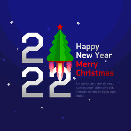 Square banner Happy New Year and Merry Christmas 2022 and a Christmas tree with flames from the engines, against the background of the starry sky. Vector, illustrationのイラスト素材