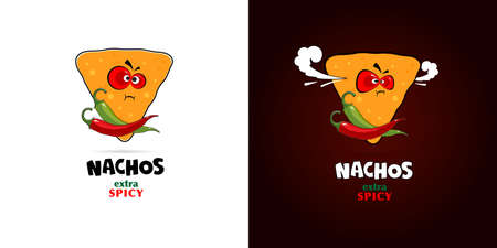 Cartoon nachos and chili peppers. Extra spicy. National nachos day. Vector, illustrationのイラスト素材