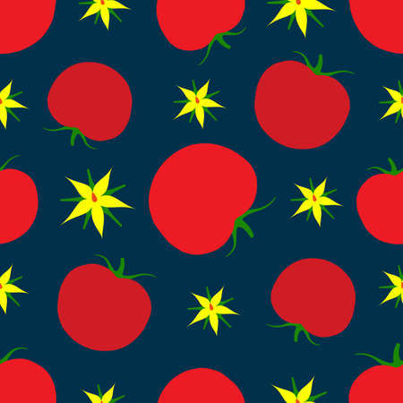 red tomatoes and yellow flowers on a dark background. Seamless background. Vegetable design for printing on textiles, packaging. Vector, illustrationのイラスト素材