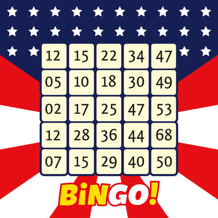Bingo lottery ticket and USA flag. Background for sports gambling. Vector, illustrationのイラスト素材