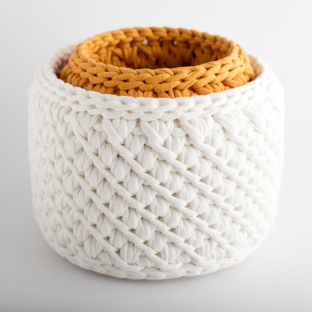 set of wicker baskets, handmade on a white background. texture of knitted fabric braids. Decorative element in the interiorの写真素材