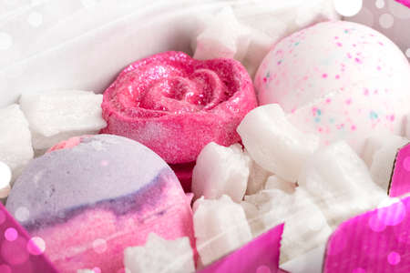 Gift set of bright bath bombs. Ball-shaped aromatic bath salts. Close-upの写真素材