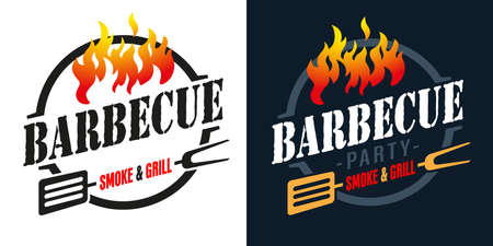 Logo or symbol template. Barbecue or grill devices. BBQ fork with spatula and text Smoke and Grill. Vector, illustrationのイラスト素材