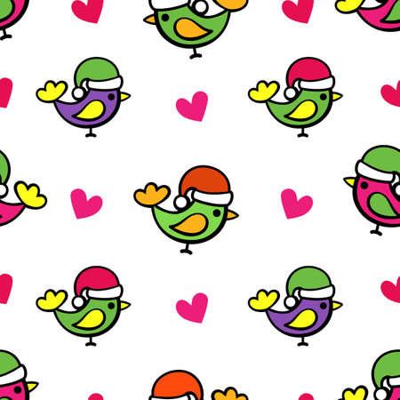 Colored birds in a hat Santa Claus and hearts on a white background. Christmas print concept. Seamless pattern for printing on textiles, packaging. Vector, illustrationのイラスト素材