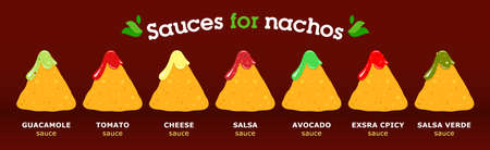 Set of nachos with different sauces, flavors on a red background. Mexican food menu concept, snacks and food. Vector, illustrationのイラスト素材