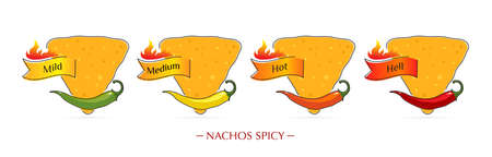set of spicy nachos with chili peppers of different tastes. Red, orange, yellow and green chili peppers. Vector, illustrationのイラスト素材