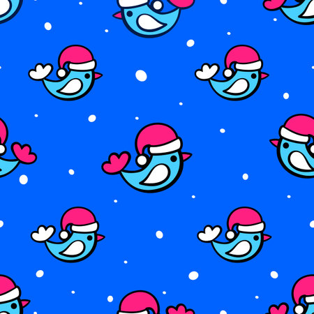 Blue birds in a red Santa Claus hat and white snow on a blue background. New Year's print concept. Seamless pattern for printing on textiles, packagingのイラスト素材