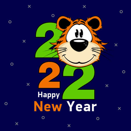Cartoon tiger portrait, symbol of 2022. Banner Happy New Year on a blue background. Vector, illustrationのイラスト素材