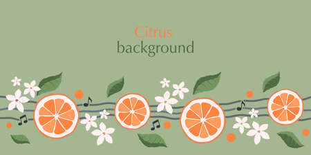 Card with oranges, flowers and musical notes. Space for text, copy space. Vector, illustrationのイラスト素材