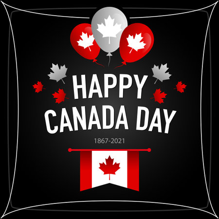 Happy Canada Day banner with flag and balloons on black background. Vector, illustrationのイラスト素材