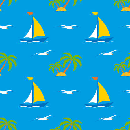 Yellow sailboat on the waves, palms with seagulls on a blue background. Seamless background. Cute marine pattern for fabric, clothing, textile, wrapping paper. Vector, illustrationのイラスト素材