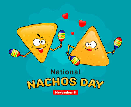 Cheerful nachos with a smile and maracas in hands on a blue background. Holiday concept banner or postcard, national nachos day. Vector, illustrationのイラスト素材