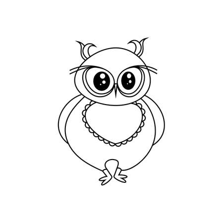 Hand drawn cute owl on a white background, a tambourine. Line drawing for kids coloring. Vector, illustrationのイラスト素材