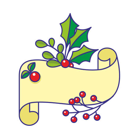 Yellow paper or letter, with Holly Barry branches. Christmas decor for decoration. Cartoon style. Vector, illustrationのイラスト素材