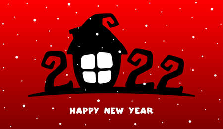 Banner 2022 and cartoon house with large windows on a red background. Concept Happy New Year. Vector, illustrationのイラスト素材