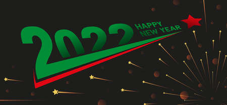 Symbol 2022 and Christmas tree with red star on black background with gold salute. Concept, Happy New Year and Christmas. Vector, illustrationのイラスト素材