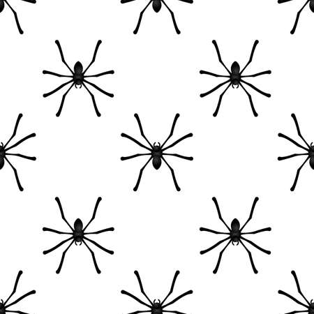 Scary spiders of black color on a white background. Seamless background for print. Cartoon styleのイラスト素材
