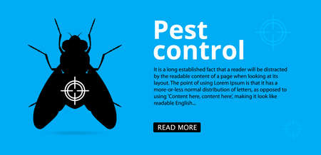 Fly and insect control web banner with text space. Silhouette of a fly on a blue background. Control, processing of the premises. Vector, illustrationのイラスト素材