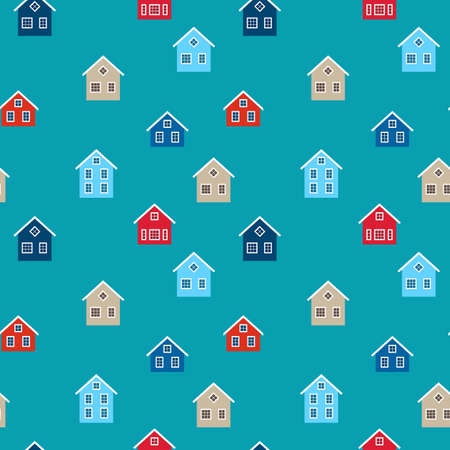 Colored houses on a turquoise background. Seamless pattern for print. Vector, illustrationのイラスト素材
