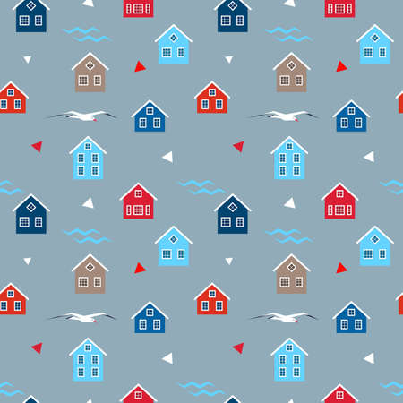 Colored houses, waves and seagulls on a gray background. Seamless pattern for print. Vector, illustrationのイラスト素材
