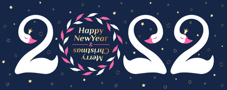 Number 2022 and white swans in love on a dark blue background with golden grains and stars. Merry...