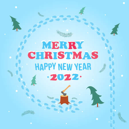 Banner happy new year and merry christmas 2022.felled tree in the forest and footprints of grandfather Santa claus. Vector, illustrationのイラスト素材