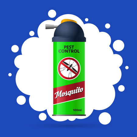 Aerosol can for fighting insects, mosquitoes. pest control. Repellent spray in a green bottle. Blue background. Vector, illustrationのイラスト素材