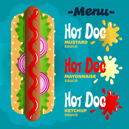 Classic Hot Dog with different sauce additions, ketchup, mayonnaise, mustard. Street food and fast food menu concept. Vector, illustrationのイラスト素材
