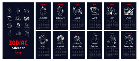 Calendar 2022 with zodiac symbols horoscope signs. Silver symbol on a blue background. Week starts on Sundayのイラスト素材