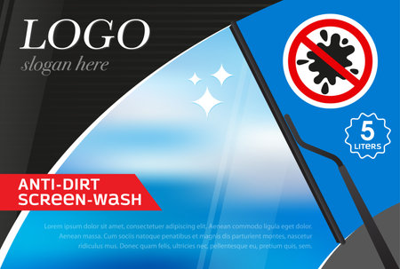 Windshield wiper label template from dirt. Concept for cleaning products, screen wash, polishing, nano-coatings. Vector, illustrationのイラスト素材