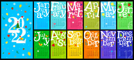 Colorful wall calendar 2022 for 12 months. Flat style. Vector, illustrationのイラスト素材