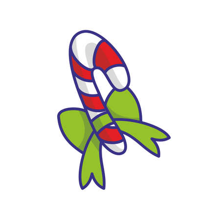 Candy cane and ribbon, white background. Christmas decor. Cartoon style. Vector, illustrationのイラスト素材