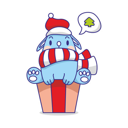 Christmas bunny sits on a box with gifts, on a white background. Cartoon style. Vector, illustrationのイラスト素材