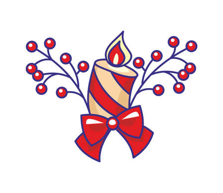 Candle with ribbon and Holly Barry. Christmas decor for decoration. Vector, illustrationのイラスト素材