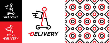 Courier with a backpack on an electric scooter. fast express delivery service . Seamless pattern with patterns on a white background. Vector, illustrationのイラスト素材