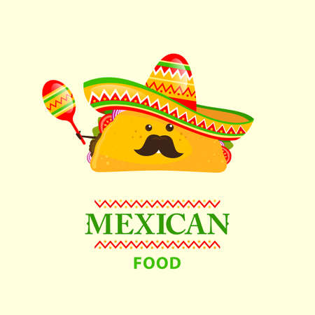 Cartoon tacos with a mustache in a Mexican hat and maracas in hand. The concept of Mexican food, food. Vector, illustrationのイラスト素材